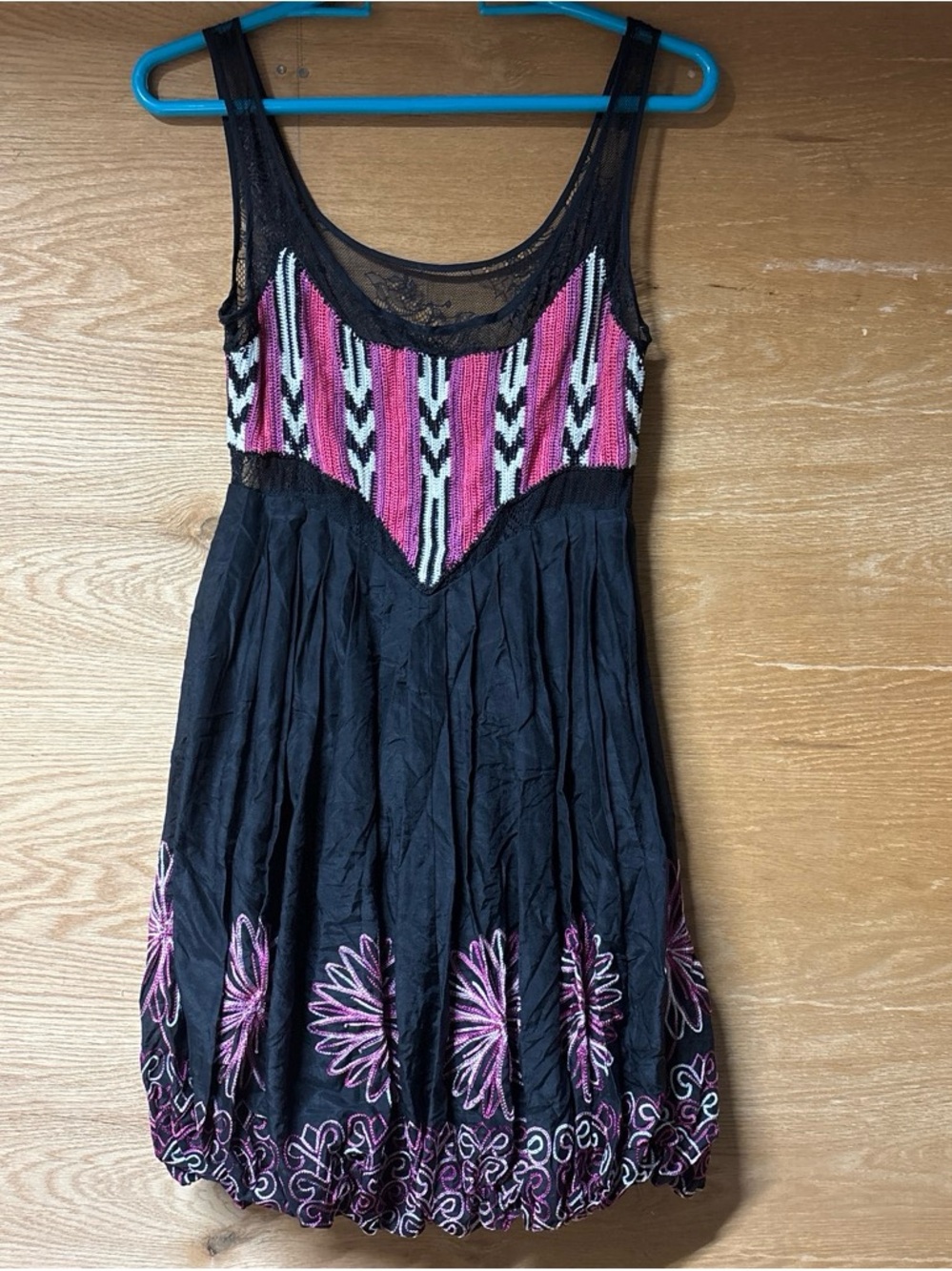 Bebe Vintage Black Baloon Dress with Pink & White Embroidered